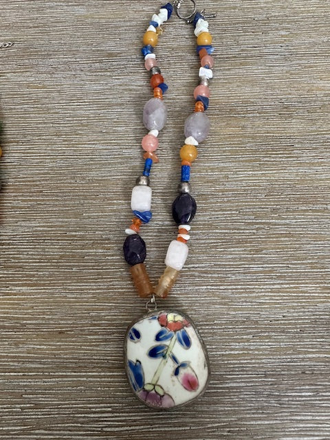 Floral Asia Pendant with Sterling, Rose Quartz Lapis Beads Necklace