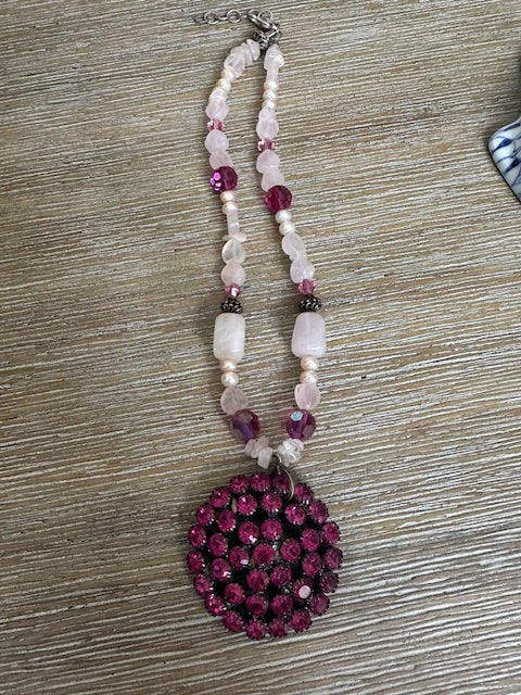 Rose Quartz Beads, Sterling, and Rhinestone Pendant Necklace