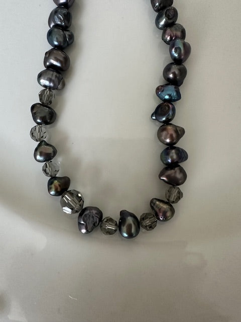 Grey Freshwater Pearl with Grey Swarovski Crystals Choker Necklace