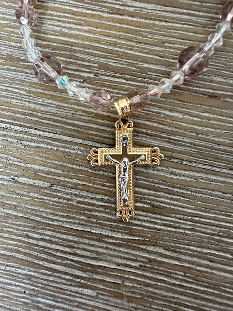 14kt Gold and Sterling Crucifix accented with Peach Rosé Crystals Necklace