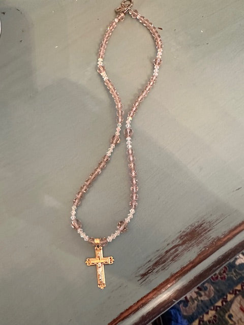 14kt Gold and Sterling Crucifix accented with Peach Rosé Crystals Necklace