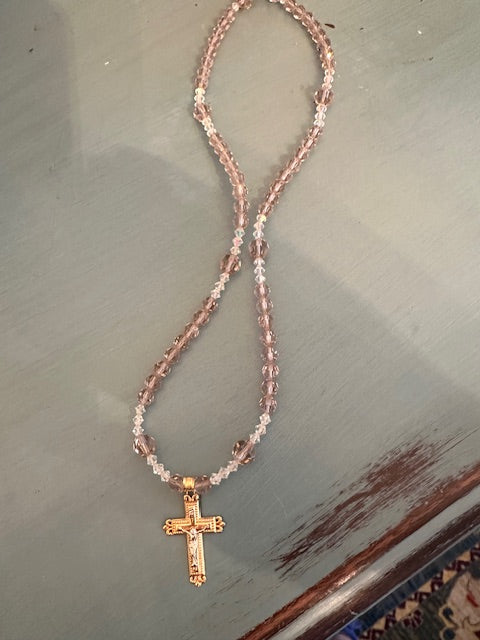 14kt Gold and Sterling Crucifix accented with Peach Rosé Crystals Necklace